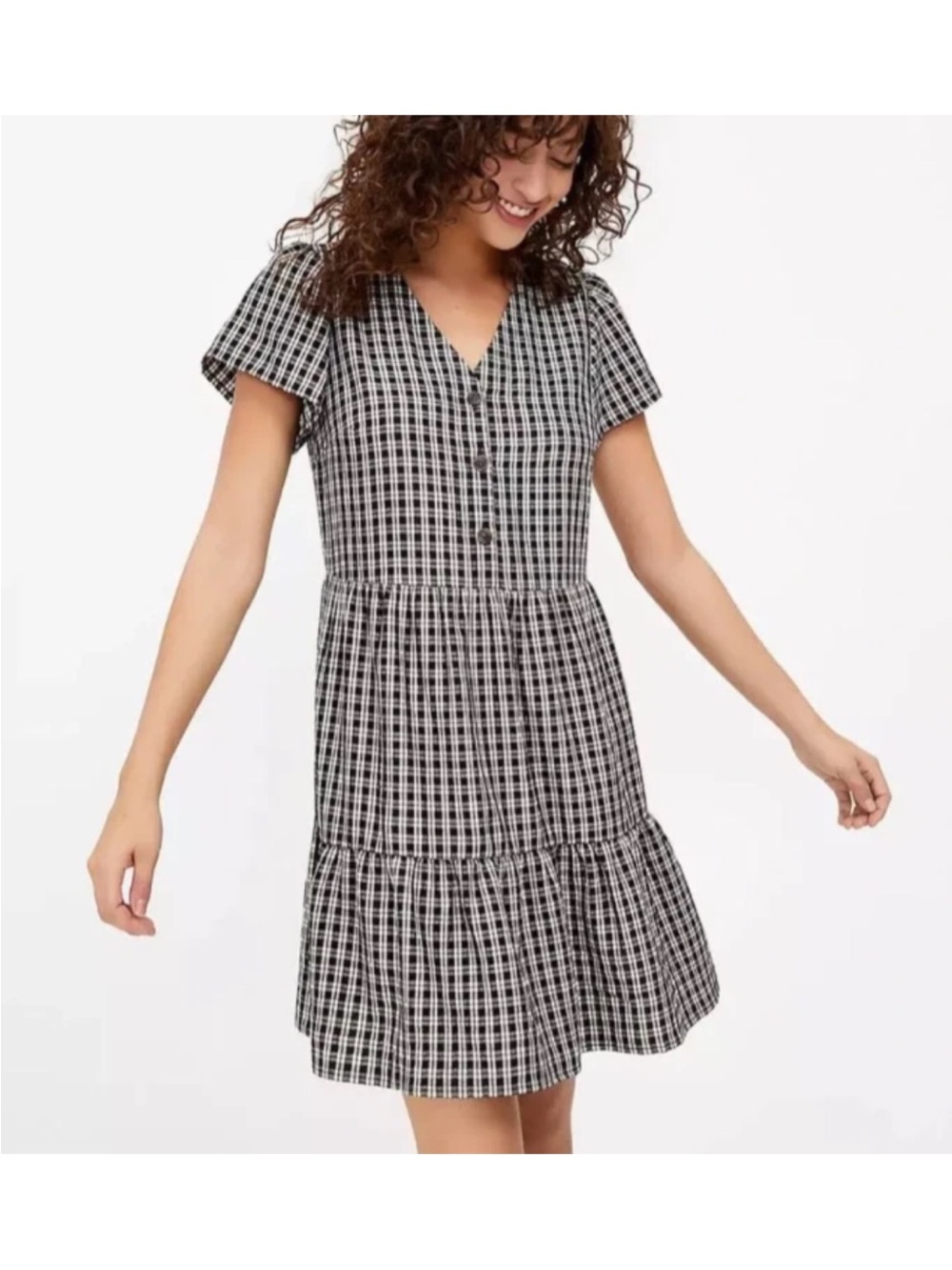 Loft Sz M Cottagecore Gingham Plaid Mini Tiered Swing Dress Black Cream
